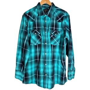 High Noon Western Men's Long Sleeve Plaid Pearl Snap Shirt Black Blue Large